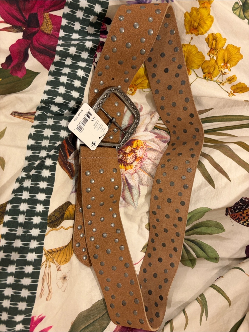 Free People Tan Studded Wide Waist Belt with Decorative Buckle